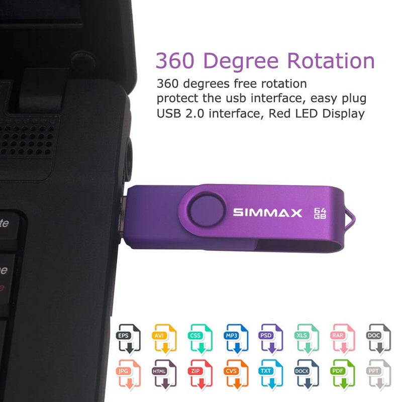 SIMMAX 64GB Memory Stick USB 2.0 Flash Drives Swivel Thumb Drive Pen Drive (64GB Purple) - Image 4